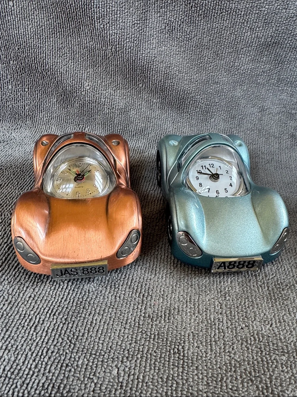 Miniature Car-Shaped Clock in Rose Gold/Copper and Blue Pearl Teal, Set of 2